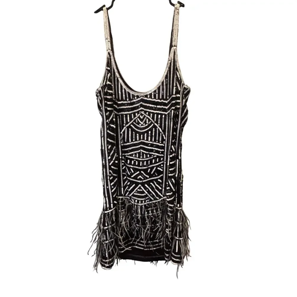Parker Hayden Beaded Sequin Geometric Feather 100% Silk Dress Size Medium - Picture 3 of 6